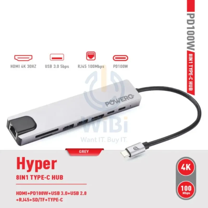 PowerO+ Hyper 8-in-1 USB-C HUB - HDMI / USB-C / USB / RJ45 / Grey