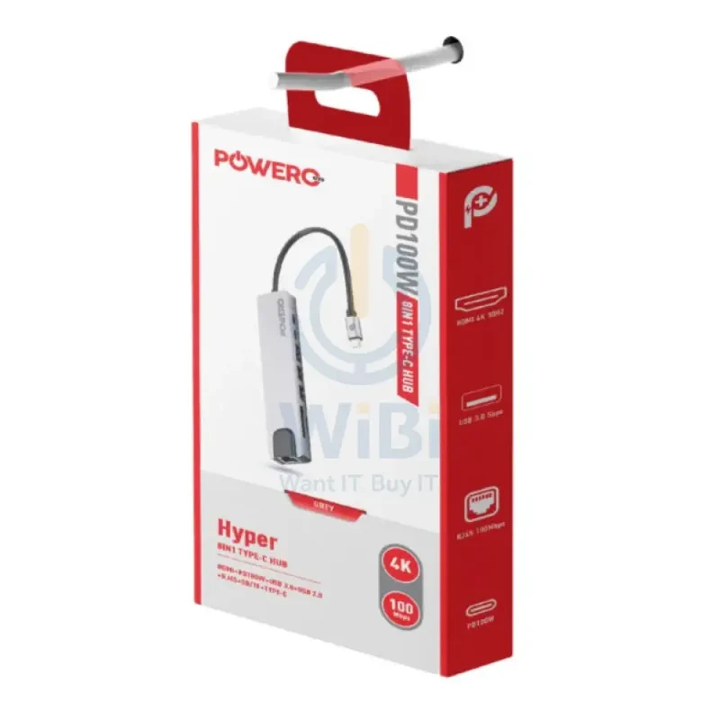 PowerO+ Hyper 8-in-1 USB-C HUB - HDMI / USB-C / USB / RJ45 / Grey