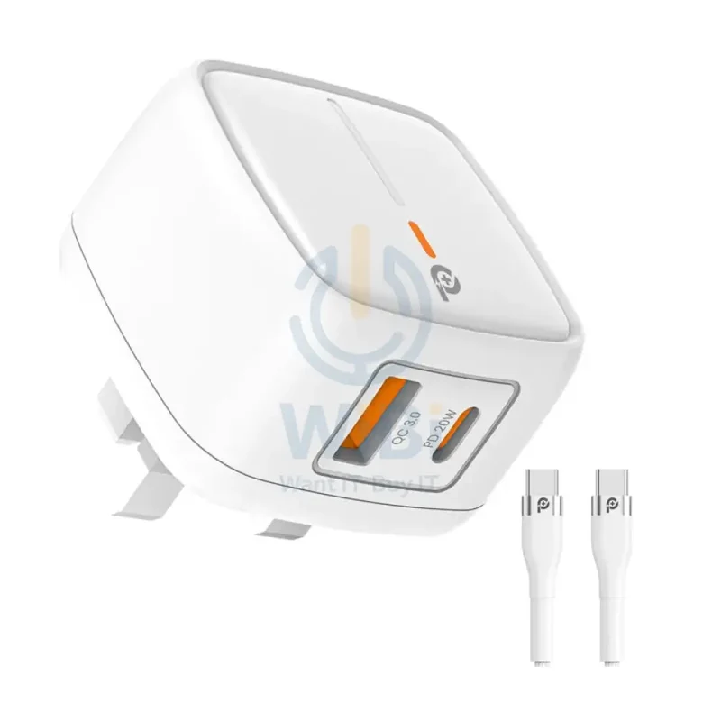 PowerO+ British UK Wall Charger with Type-C Cable - 20W / Type-C / USB-A / White