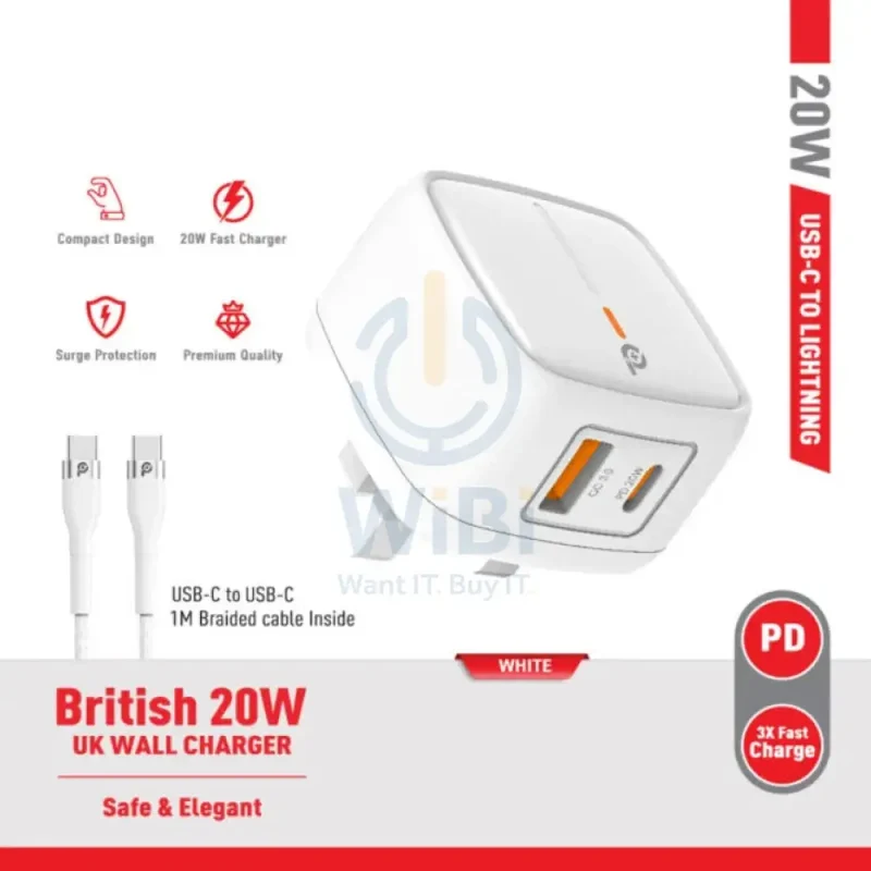PowerO+ British UK Wall Charger with Type-C Cable - 20W / Type-C / USB-A / White
