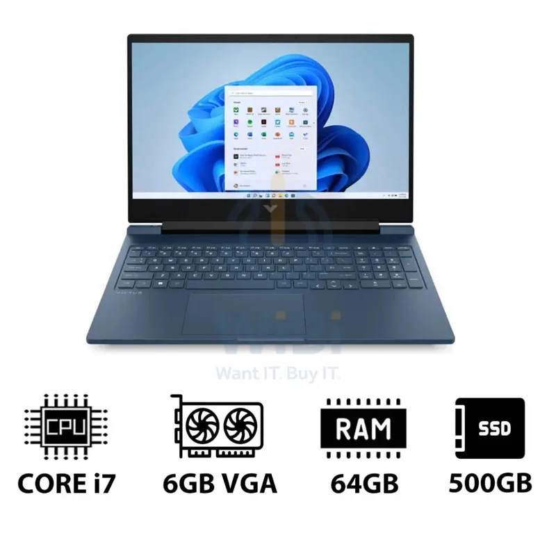 HP Victus Gaming Laptop 16-R1046NE - 16.1" FHD / i7 / 64GB / 500GB (NVMe M.2 SSD) / RTX 4050 6GB VGA / Win 11 Pro / 1YW / Performance Blue - Laptop