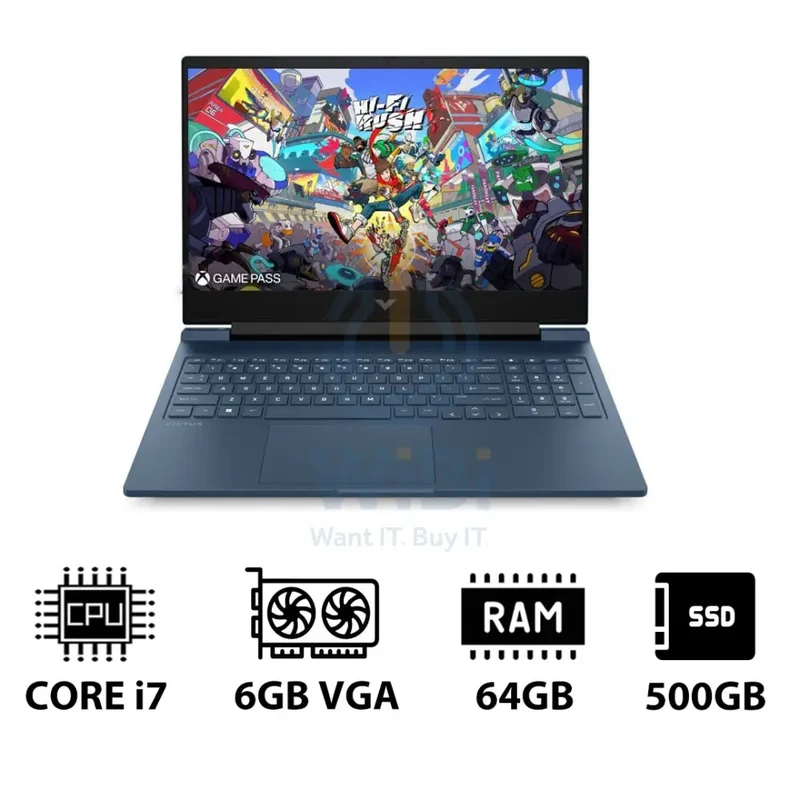 HP Victus Gaming Laptop 16-R1046NE - 16.1" FHD / i7 / 64GB / 500GB (NVMe M.2 SSD) / RTX 4050 6GB VGA / DOS (Without OS) / 1YW / Performance Blue - Laptop