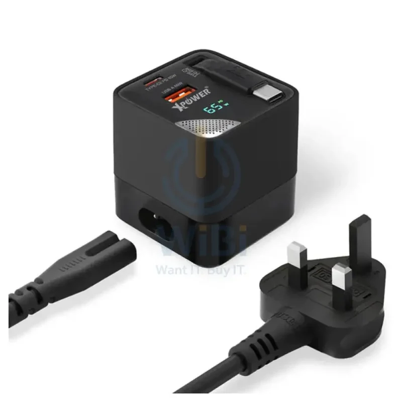 شاحن مكتبي إكس باور GX65B بتقنية GaN، 3 في 1، بقدرة 65 واط، باللون الأسود