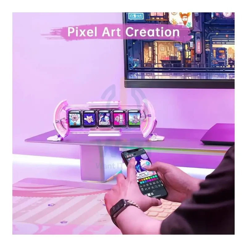 Divoom Times Gate Pixel Art Informative Cyberpunk Digital Clock Display - Pink