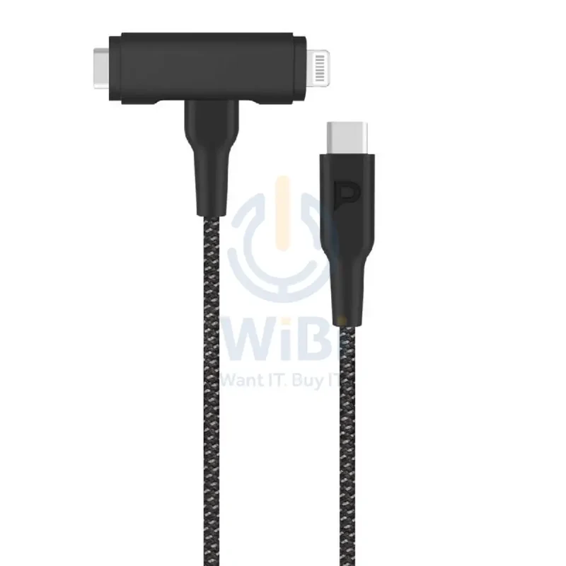 كابل باورولوجي MFI مضفر 2 في 1 C94، Type-C / Lightning، 1.2 متر، أسود
