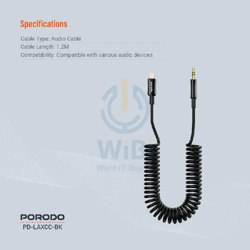 Porodo Audio Data Cable - 1.2M / Lightning / 3.5mm Jack / Black