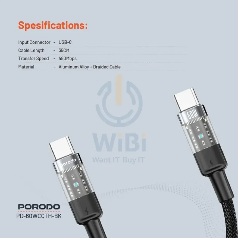Porodo Transparent Braided Data Cable - 0.35M / Type-C / 60W / Black