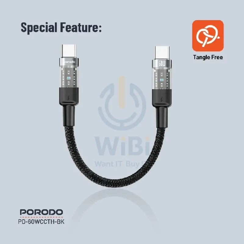 Porodo Transparent Braided Data Cable - 0.35M / Type-C / 60W / Black