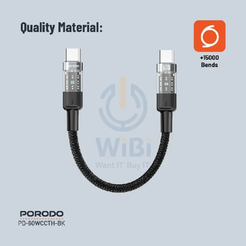 Porodo Transparent Braided Data Cable - 0.35M / Type-C / 60W / Black
