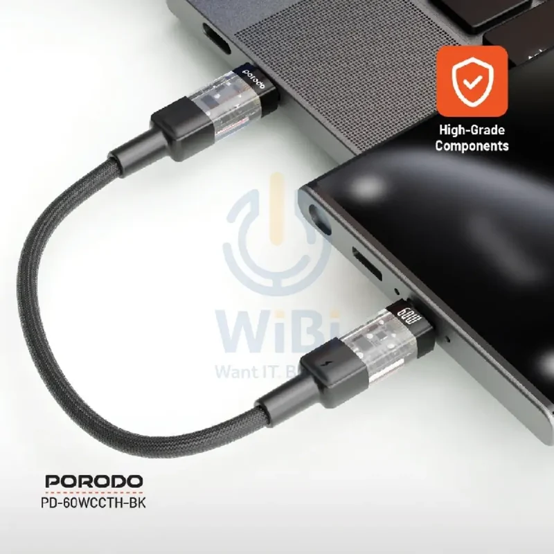 Porodo Transparent Braided Data Cable - 0.35M / Type-C / 60W / Black