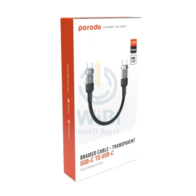 Porodo Transparent Braided Data Cable - 0.35M / Type-C / 60W / Black
