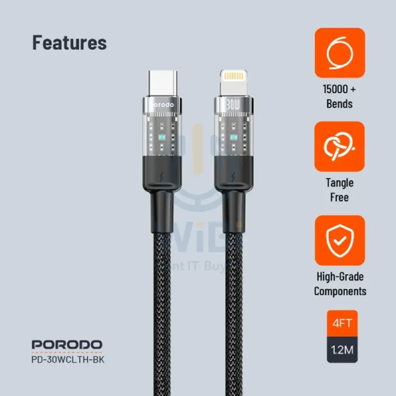 Porodo Braided Fast Charging Data Cable - 1.2M / Type-C / Lightning / 30W / Black