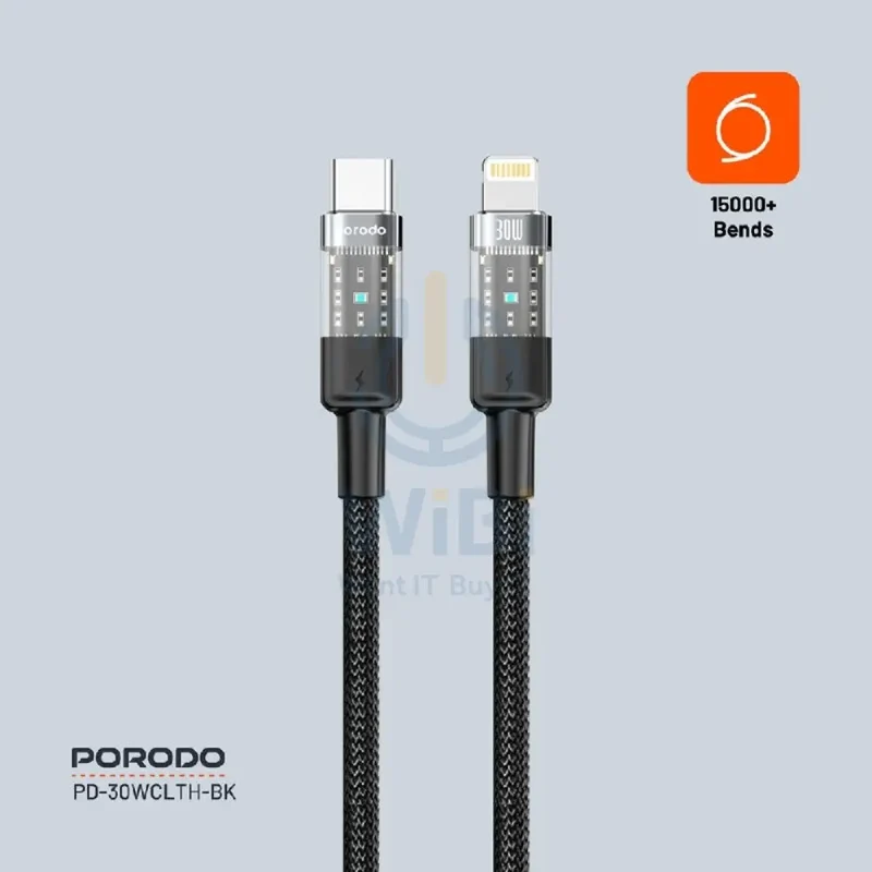 Porodo Braided Fast Charging Data Cable - 1.2M / Type-C / Lightning / 30W / Black