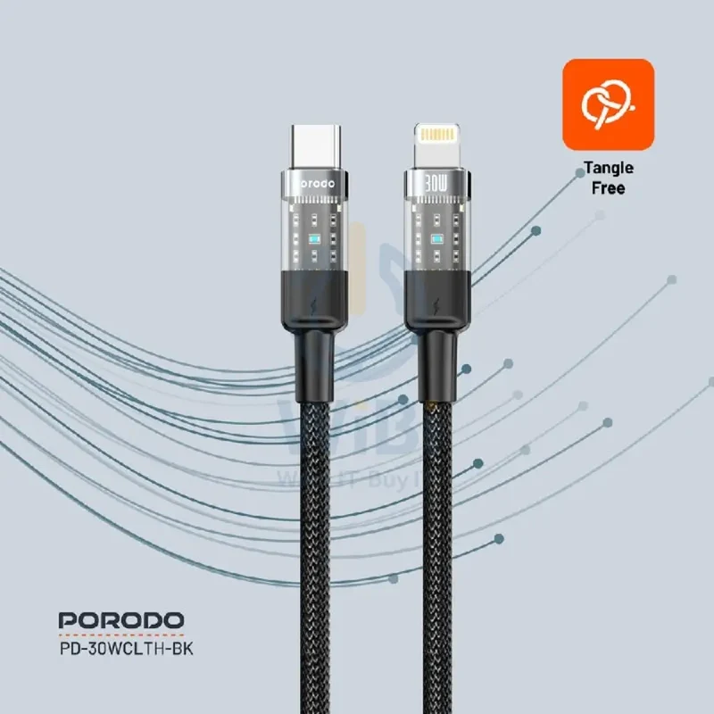 Porodo Braided Fast Charging Data Cable - 1.2M / Type-C / Lightning / 30W / Black
