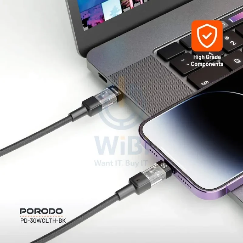 Porodo Braided Fast Charging Data Cable - 1.2M / Type-C / Lightning / 30W / Black