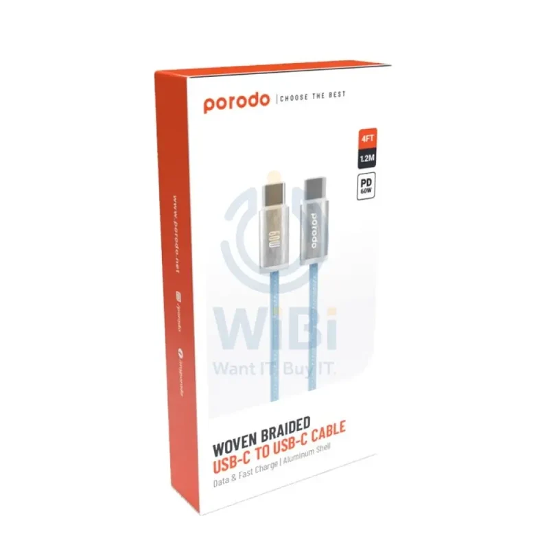 Porodo Woven Braided Cable - 1.2M / Type-C / 60W / Blue