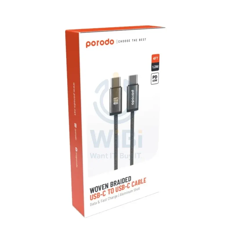 Porodo Woven Braided Cable - 1.2M / Type-C / 60W / Black