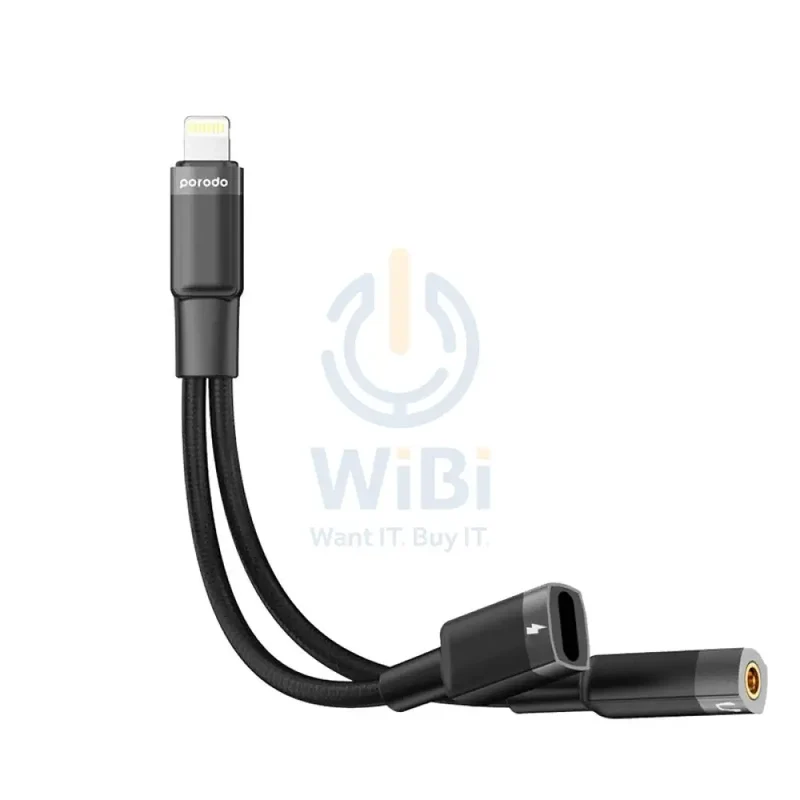 Porodo Lightning Connector Audio And Charge Adapter - 0.12M / Lightning / 3.5 Jack / Black