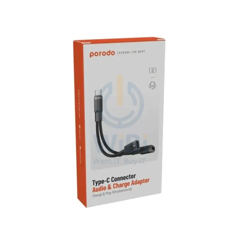 Porodo Type-C Connector Audio And Charge Adapter - 0.12M / Type-C / Black