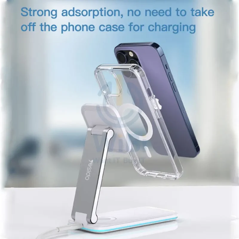Yesido DS17 Magnetic 3 In 1 Foldable Wireless Charging Dock Stand - 15W / Wireless / Type-C - White