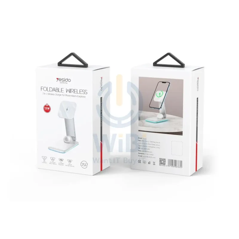 Yesido DS17 Magnetic 3 In 1 Foldable Wireless Charging Dock Stand - 15W / Wireless / Type-C - White