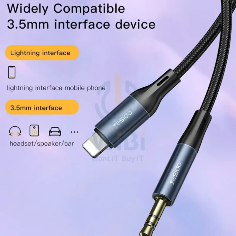 Yesido YAU35 Audio Cable Headphone Aux Converter - 3.5mm / 1M / AUX / Lightning - Black