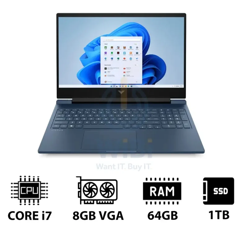 HP Victus Gaming Laptop 16-R1049NE - 16.1" FHD / i7 / 64GB / 1TB (NVMe M.2 SSD) / RTX 4060 8GB VGA / Win 11 Pro / 1YW / Performance Blue - Laptop