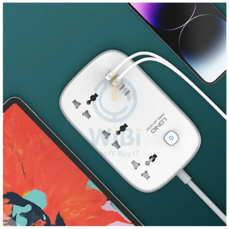 مشترك كهربائي إل دي نيو بثلاثة مخارج - 3 مخارج / USB-A / USB-C / 2 متر / أبيض/رمادي