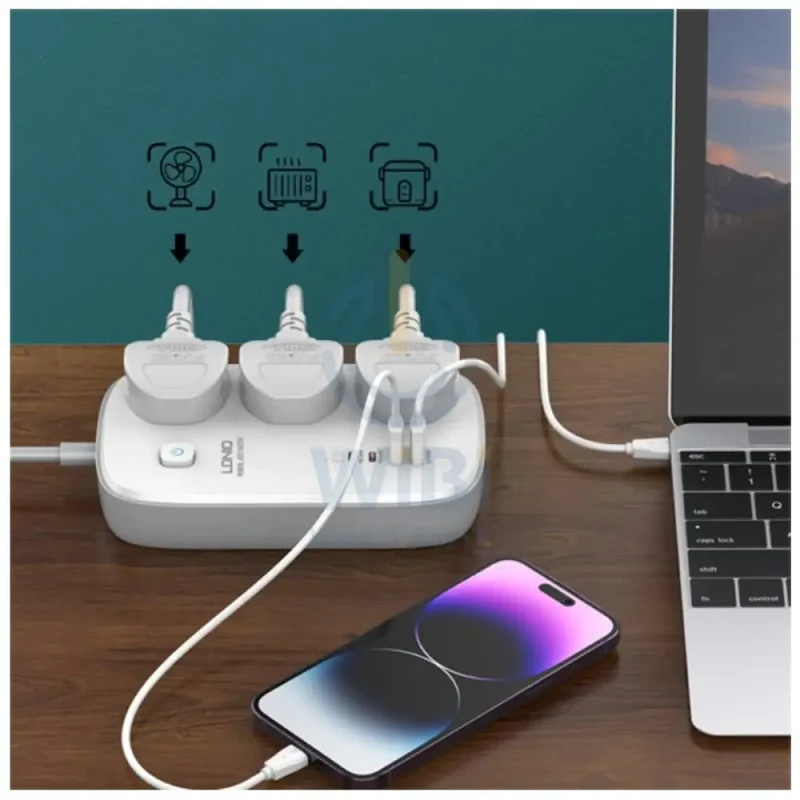 مشترك كهربائي إل دي نيو بثلاثة مخارج - 3 مخارج / USB-A / USB-C / 2 متر / أبيض/رمادي