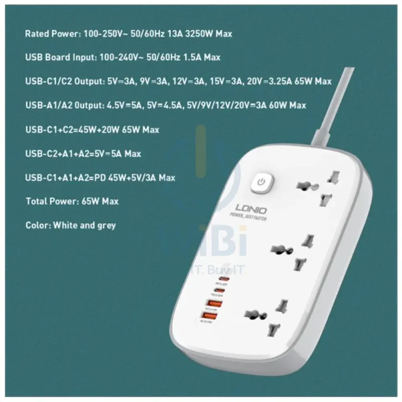 مشترك كهربائي إل دي نيو بثلاثة مخارج - 3 مخارج / USB-A / USB-C / 2 متر / أبيض/رمادي