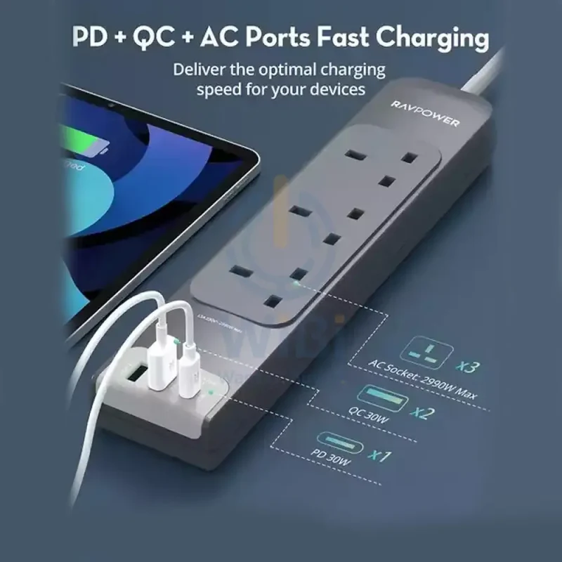 شاحن حائط راف باور مشترك كهربائي UK بقدرة 30 واط، طول 3 متر، USB-A، USB-C، باللون الرمادي