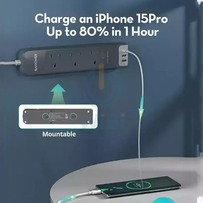 شاحن حائط راف باور مشترك كهربائي UK بقدرة 30 واط، طول 3 متر، USB-A، USB-C، باللون الرمادي