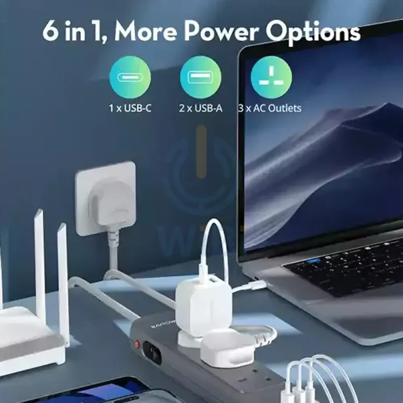 شاحن حائط راف باور مشترك كهربائي UK بقدرة 30 واط، طول 3 متر، USB-A، USB-C، باللون الرمادي