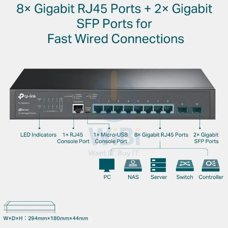 TP-Link (TL-SG3210) JetStream 8-Port Gigabit L2+ Managed Switch with 2 SFP Slots - 20Gbps / Micro-USB / LAN