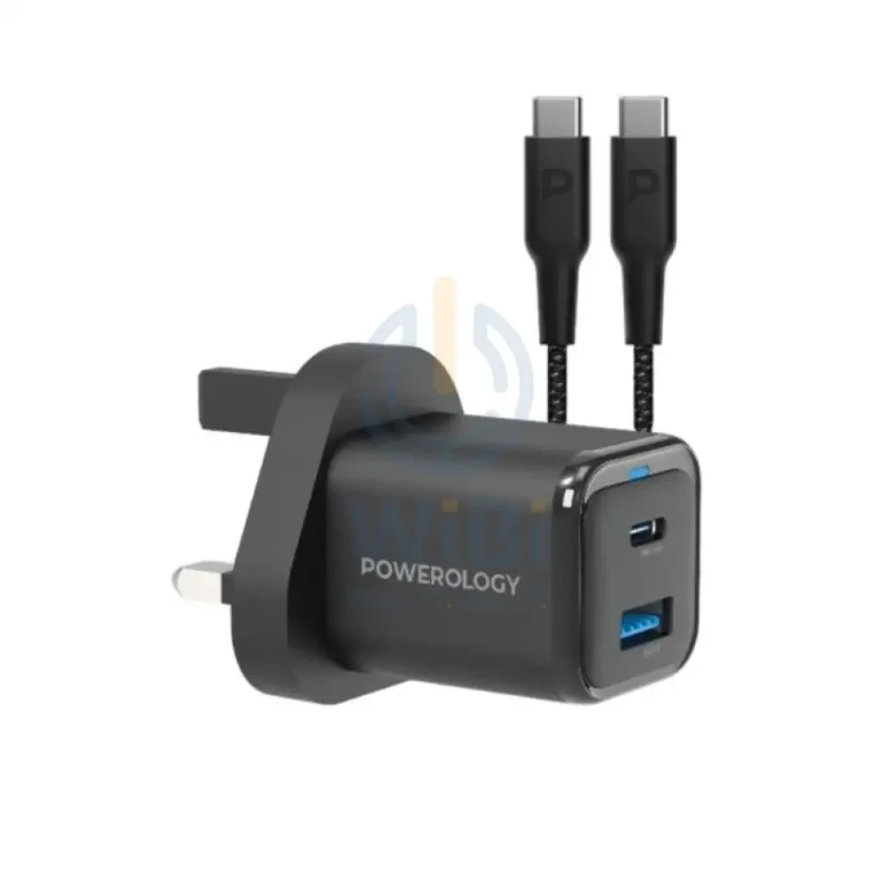 Powerology UK GaN Charger With Cable - 35W / USB-C / USB-A / Black