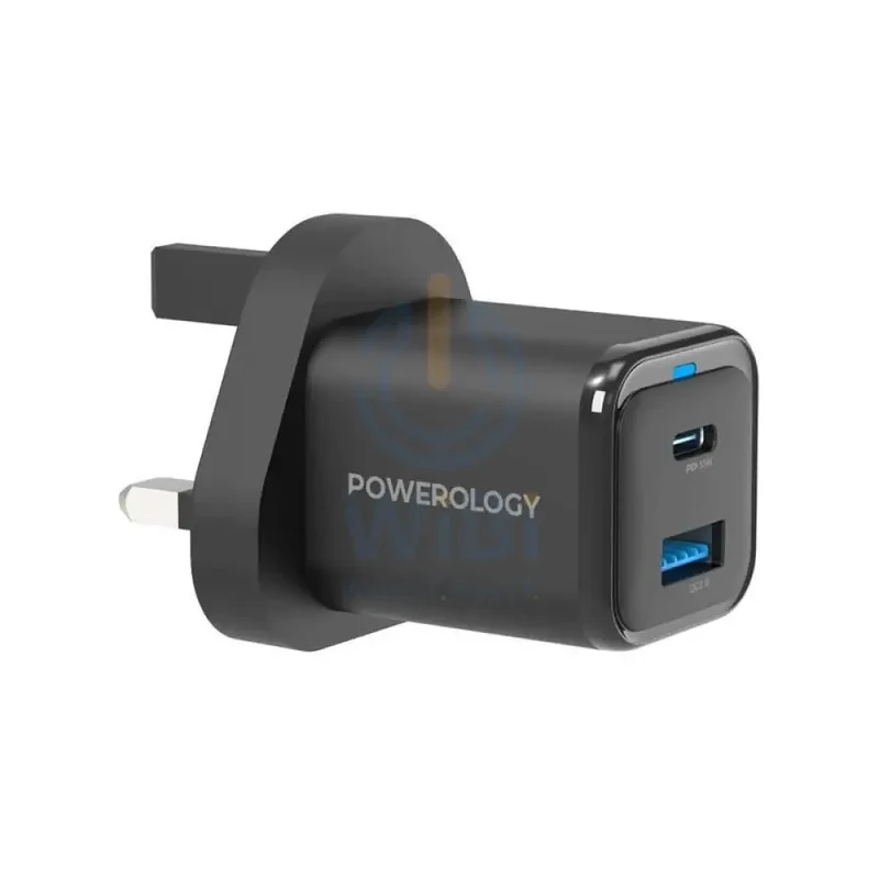 Powerology UK GaN Charger With Cable - 35W / USB-C / USB-A / Black