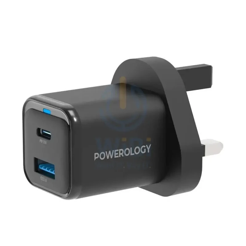 Powerology UK GaN Charger With Cable - 35W / USB-C / USB-A / Black