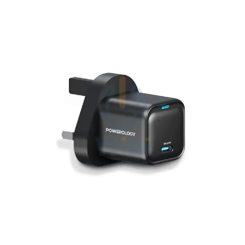 Powerology UK 3 Pin Ultra-Compact GaN Charger With Cable - 20W / USB-C / Black
