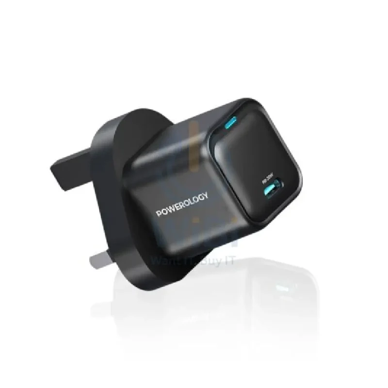 Powerology UK 3 Pin Ultra-Compact GaN Charger With Cable - 20W / USB-C / Black