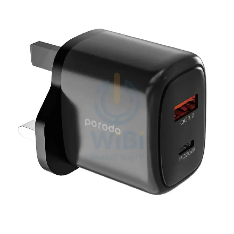 Porodo Dual Output Quick Charger - 20W / USB-A / USB-C / Black