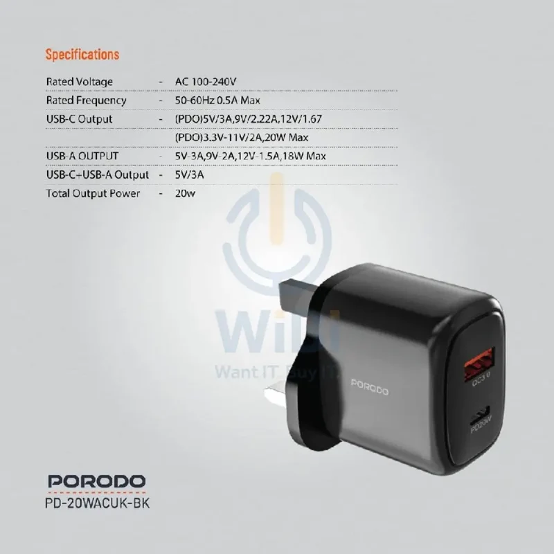 Porodo Dual Output Quick Charger - 20W / USB-A / USB-C / Black