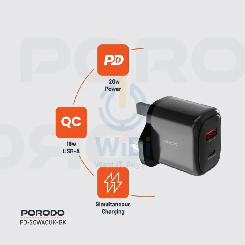 Porodo Dual Output Quick Charger - 20W / USB-A / USB-C / Black