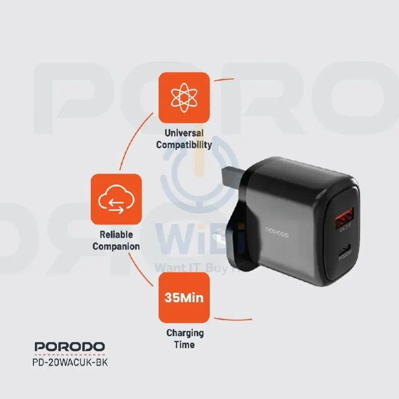 Porodo Dual Output Quick Charger - 20W / USB-A / USB-C / Black