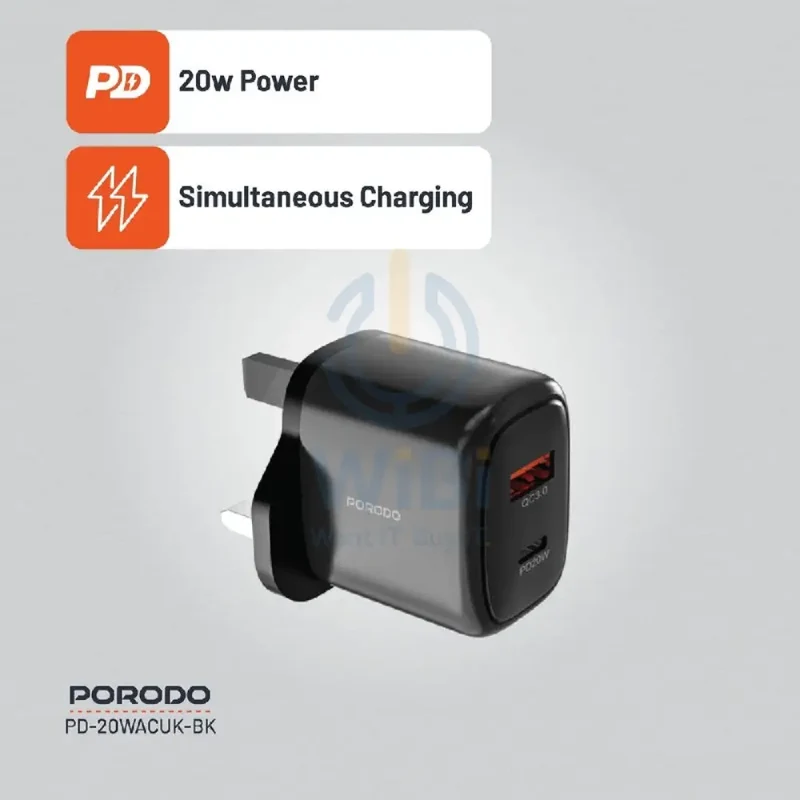Porodo Dual Output Quick Charger - 20W / USB-A / USB-C / Black