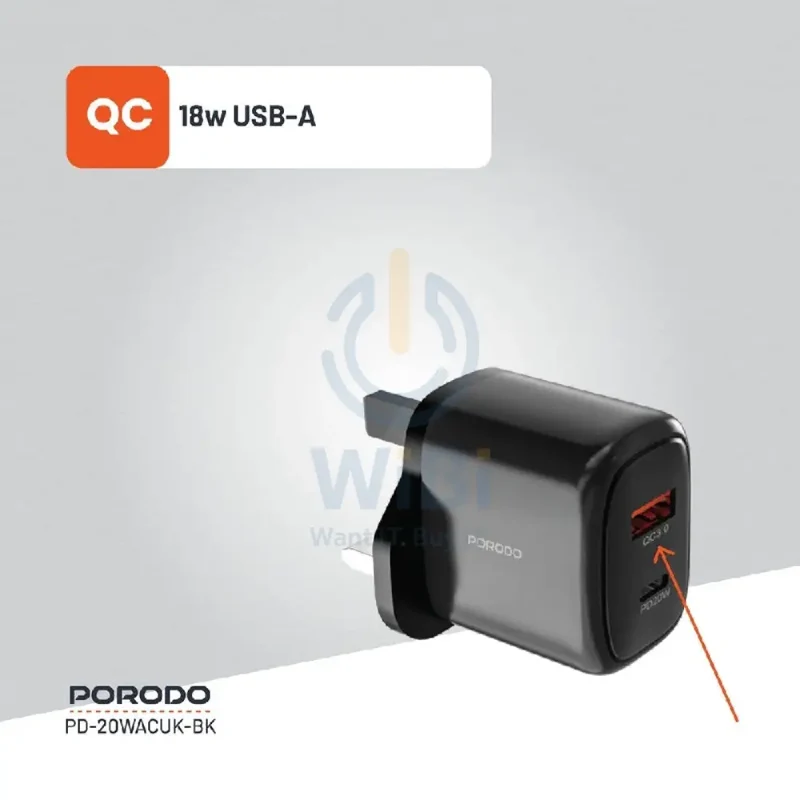 Porodo Dual Output Quick Charger - 20W / USB-A / USB-C / Black