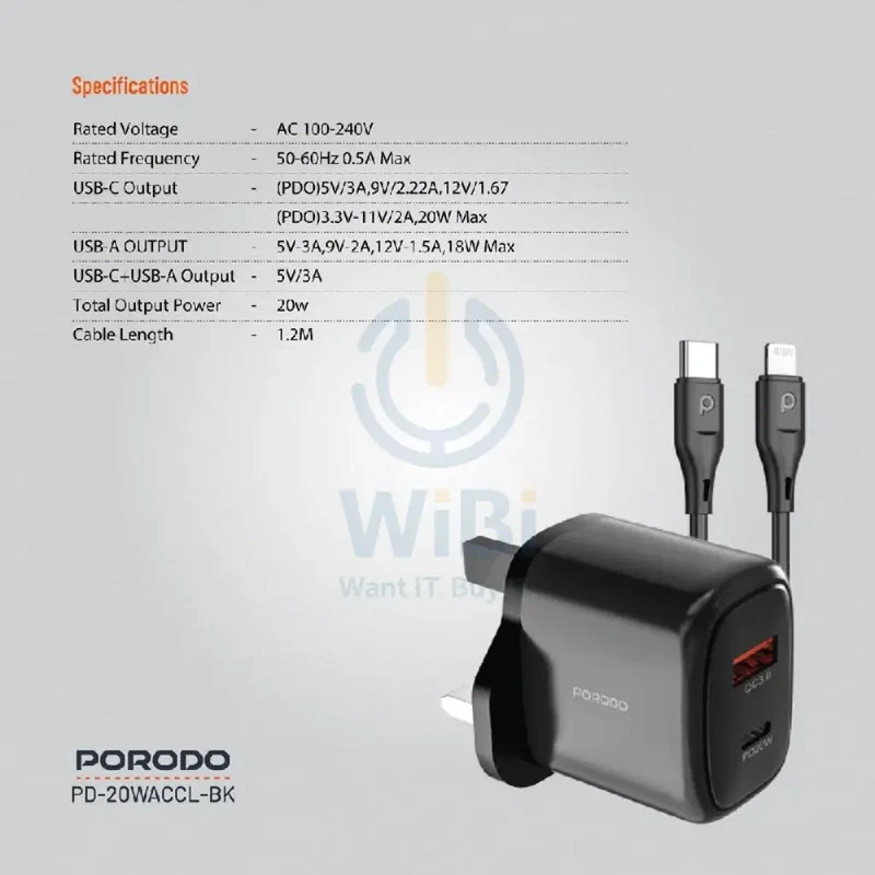 Porodo Charger With USB-C to Lightning Cable - 20W / 1.2 Meter / Black