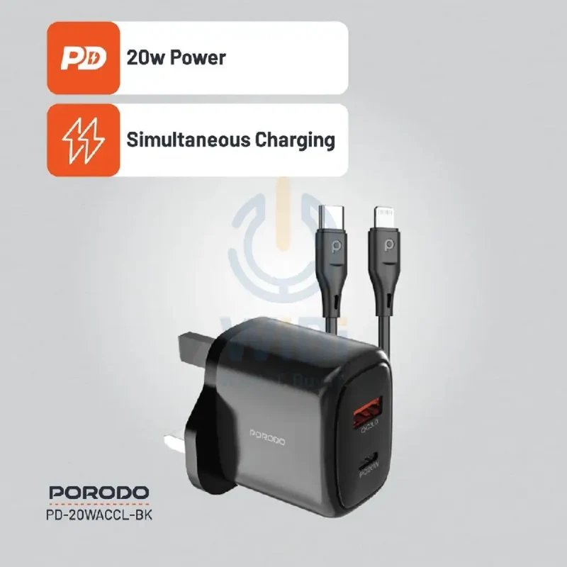 Porodo Charger With USB-C to Lightning Cable - 20W / 1.2 Meter / Black