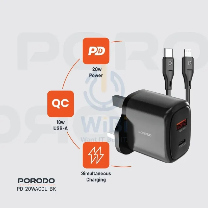 Porodo Charger With USB-C to Lightning Cable - 20W / 1.2 Meter / Black