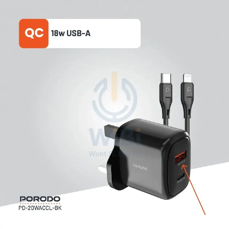 Porodo Charger With USB-C to Lightning Cable - 20W / 1.2 Meter / Black