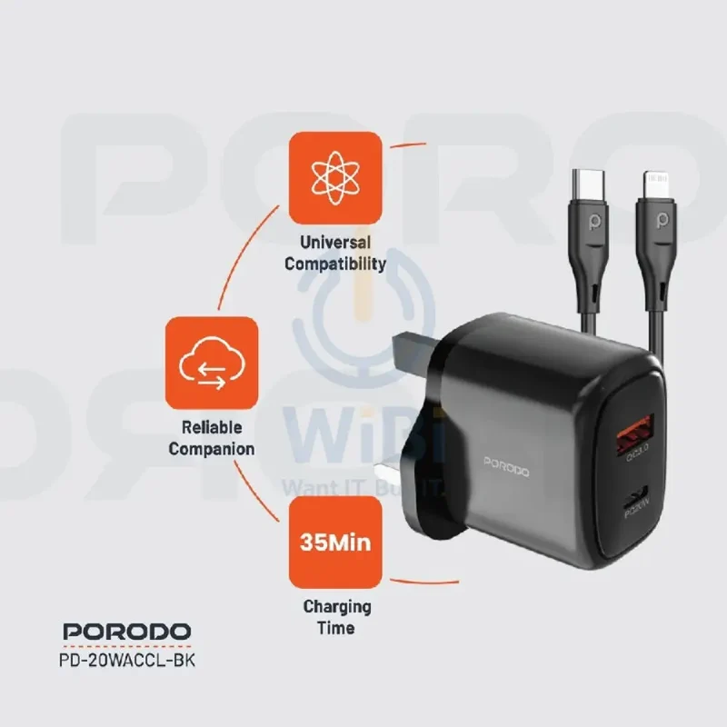Porodo Charger With USB-C to Lightning Cable - 20W / 1.2 Meter / Black